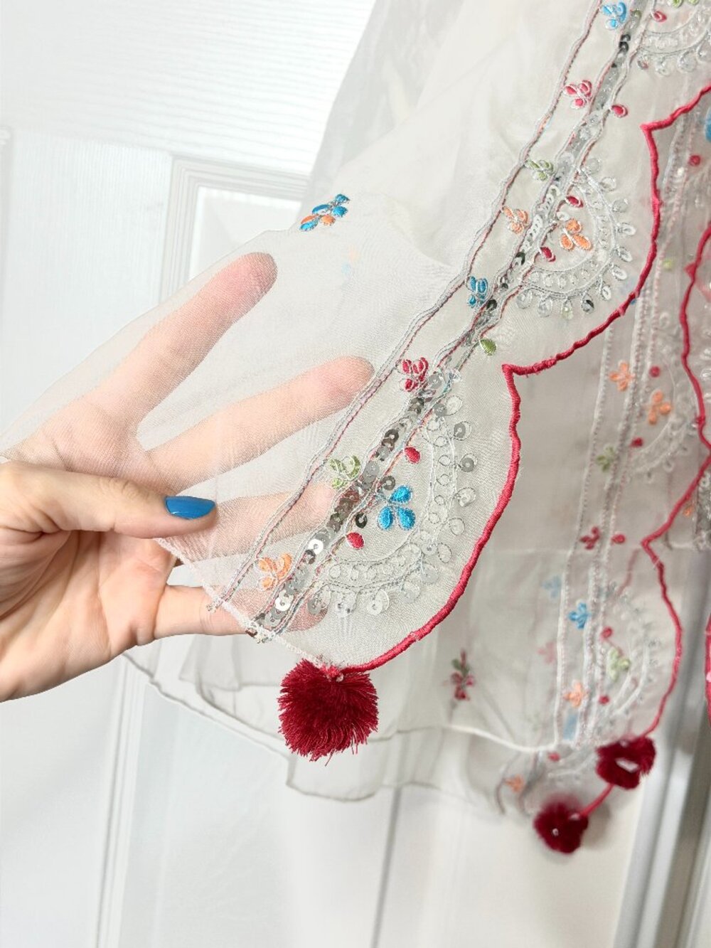 Sheer Organza Embellished Large Scarf/Shawl